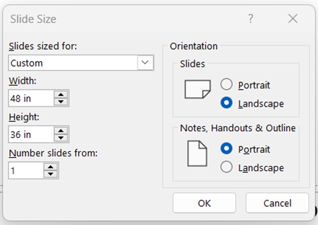 Screenshot of appropriate powerpoint settings making the file 48”x36”