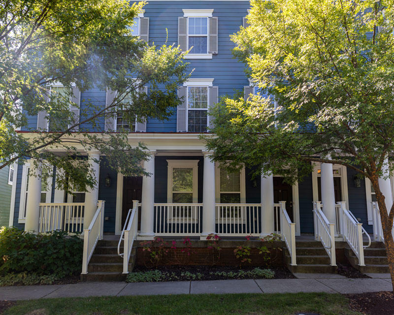 Front façade of Masonvale townhomes. Shady street with trees and attractive appointments.